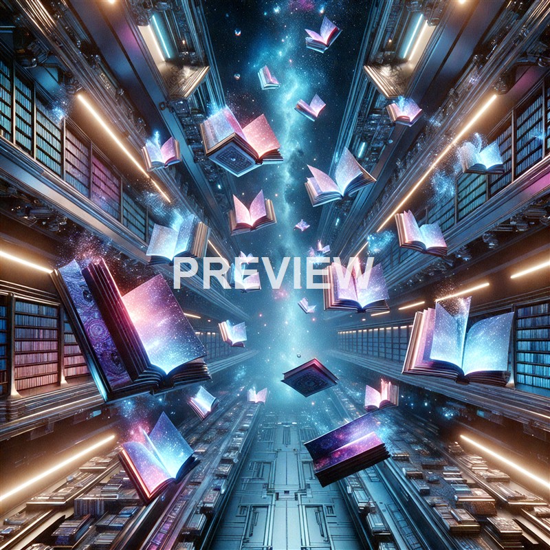 A futuristic library with tall shelves filled with books, with open books and glowing particles floating in a cosmic, starry universe background.